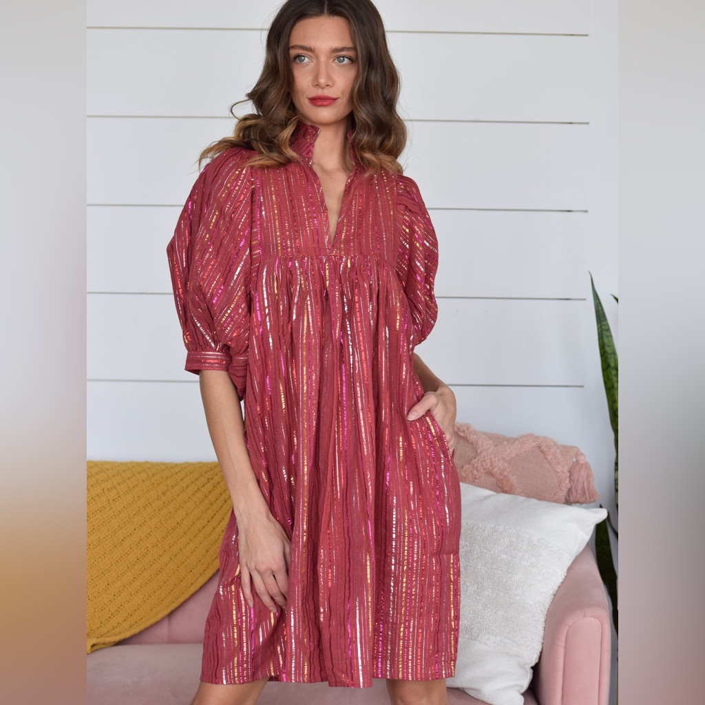 Never A Wallflower Pink Metallic Lurex Stripe High Neck Game Day Mini Dress Xl